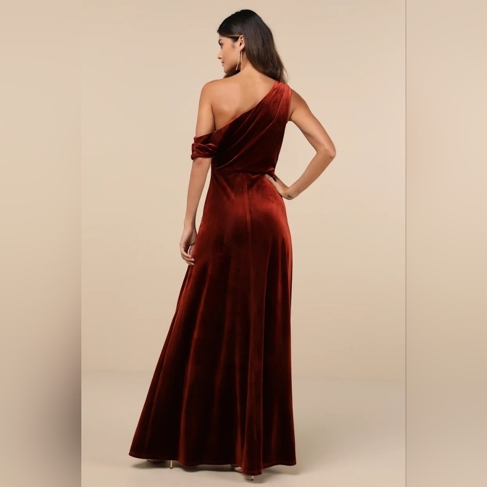 Lulus Coveted Confidence Rust Orange Velvet Asymmetrical Maxi Dress M Wedding - Picture 5 of 9